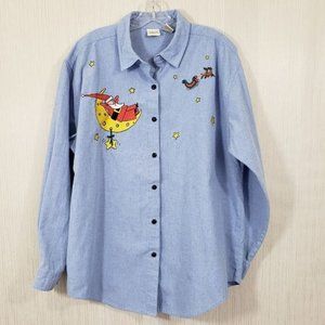 Vintage falls creek embroidered Santa sleeping on the moon denim button down 18W
